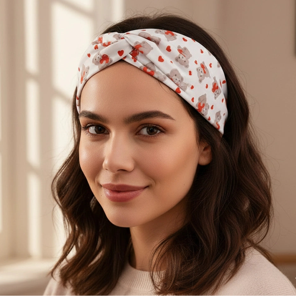 Valentine’s Day Knotted Headbands for Women - Cute Teddy Bear & Heart Print Turban Style Hairbands - Wide Fashion Hair Accessories (VHB-8020)