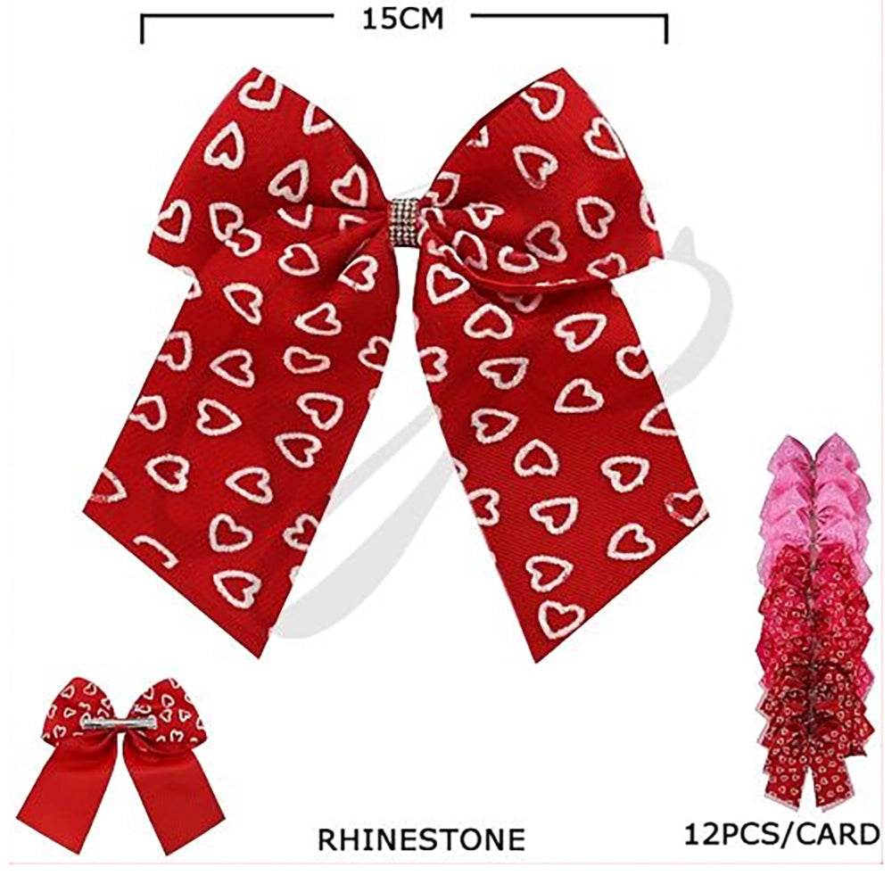 6" Red Heart Hair Bows with Rhinestone Center - 12 Pack - Oversized Glitter Heart Grosgrain Ribbon Hair Clips for Girls, Valentine's Day, Cheer, and Dance (VHC-6027)
