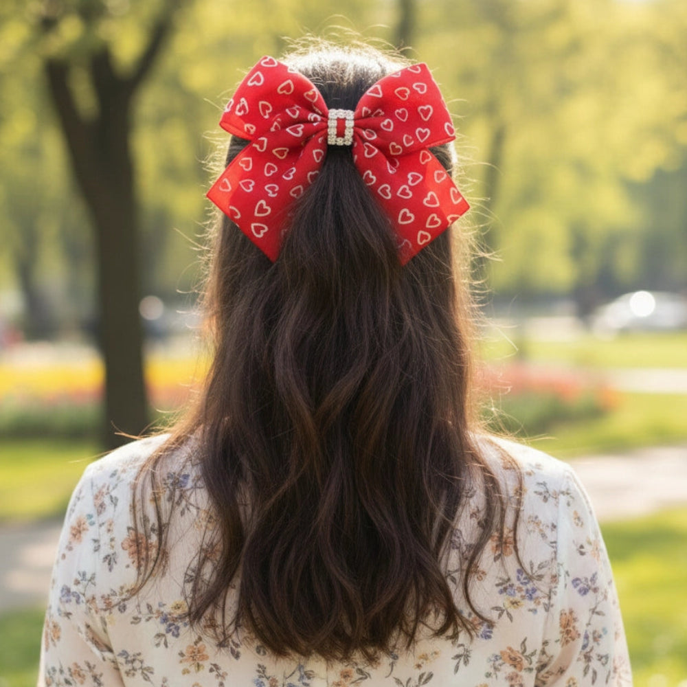 6" Red Heart Hair Bows with Rhinestone Center - 12 Pack - Oversized Glitter Heart Grosgrain Ribbon Hair Clips for Girls, Valentine's Day, Cheer, and Dance (VHC-6027)