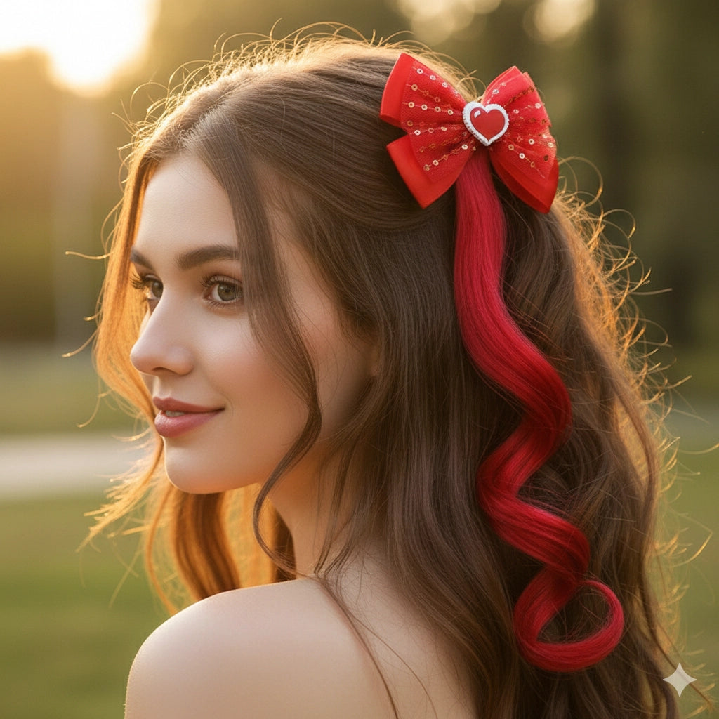 Red Heart Hair Bow with Long Curly Hair Extension (VHC-6028)