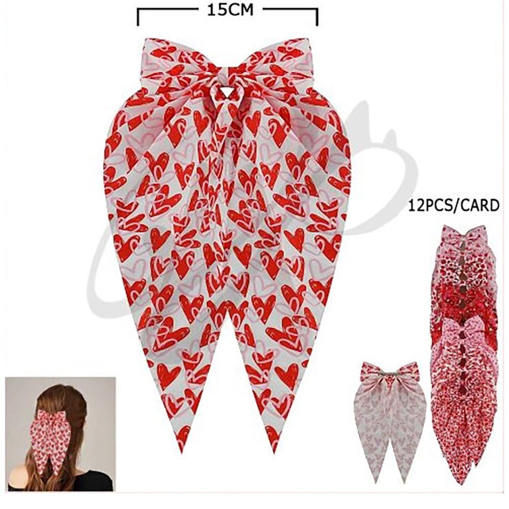 Romantic Heart Print Oversized Long Tail Hair Bow (VHC-6029)