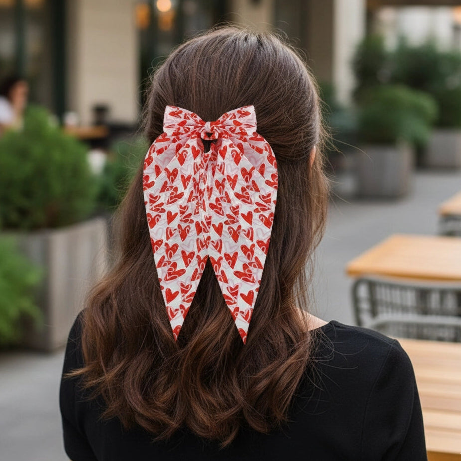 Romantic Heart Print Oversized Long Tail Hair Bow (VHC-6029)