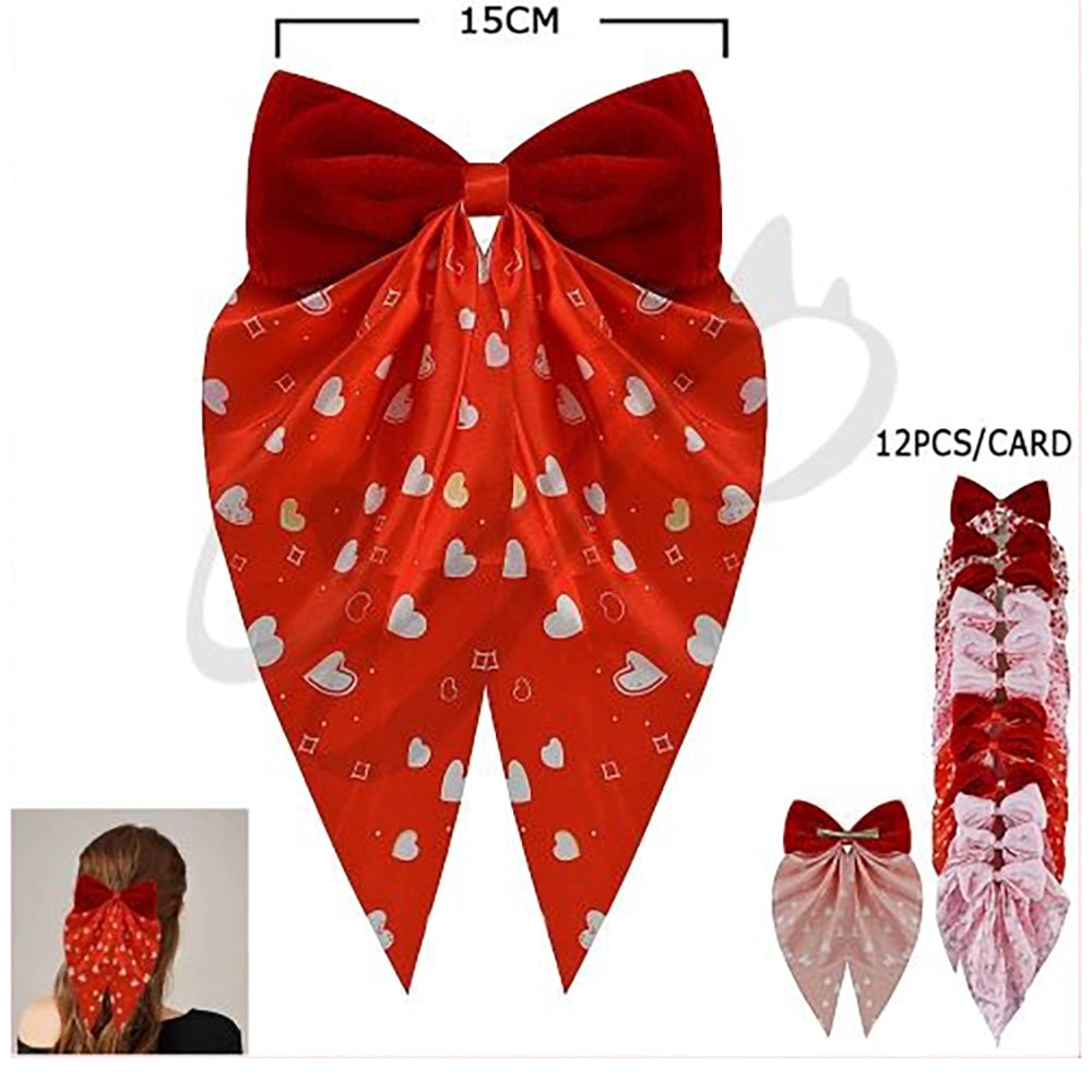 Oversized Velvet Heart Print Satin Hair Bow (VHC-6034)