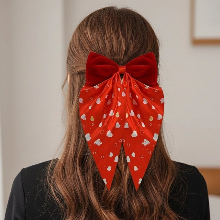Oversized Velvet Heart Print Satin Hair Bow (VHC-6034)