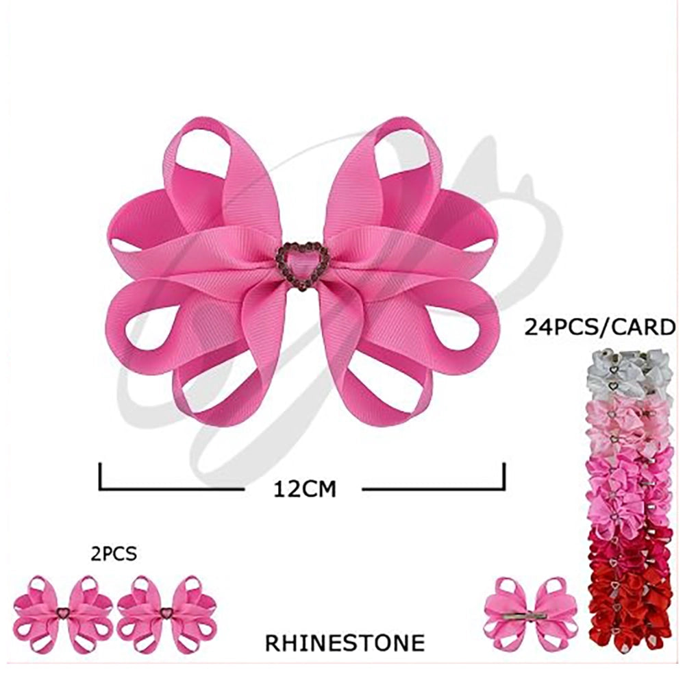 Large 12cm Loopy Grosgrain Hair Bow with Rhinestone Heart – Boutique Alligator Clip for Girls & Toddlers (VHD-6211)