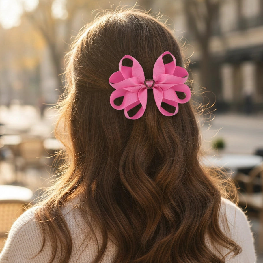 Large 12cm Loopy Grosgrain Hair Bow with Rhinestone Heart – Boutique Alligator Clip for Girls & Toddlers (VHD-6211)