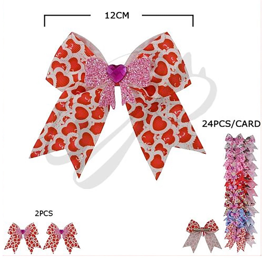 24-Pack Valentine’s Day Hair Bows for Girls – 4.7" Large Grosgrain Ribbon Clips with Heart Gems & Assorted Patterns (VHD-6213)