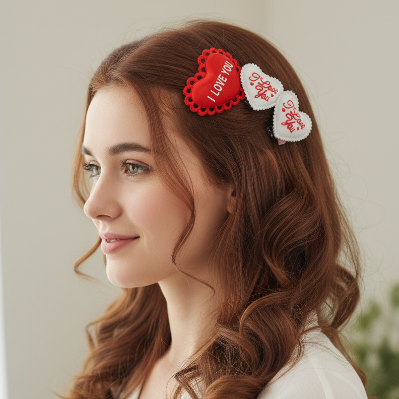 4-Piece "I Love You" Heart Hair Clip Set – Red and White Plush Valentine’s Day Hair Accessories for Girls (VHP-9021)