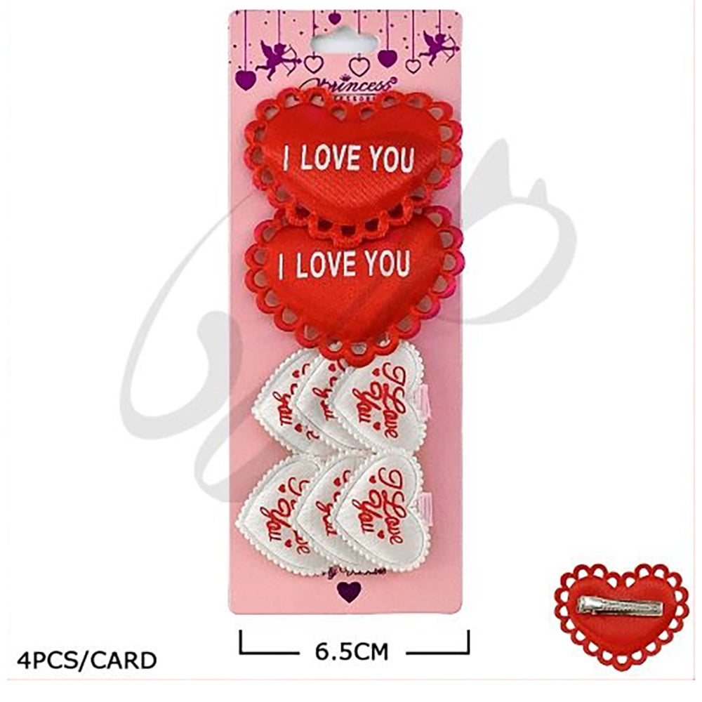 4-Piece "I Love You" Heart Hair Clip Set – Red and White Plush Valentine’s Day Hair Accessories for Girls (VHP-9021)