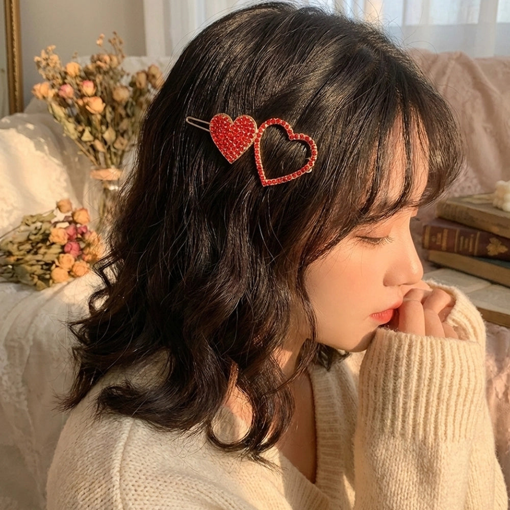 2-Piece Rhinestone Heart and "Love" Hair Clip Set - Gold Tone (VHP-9023)