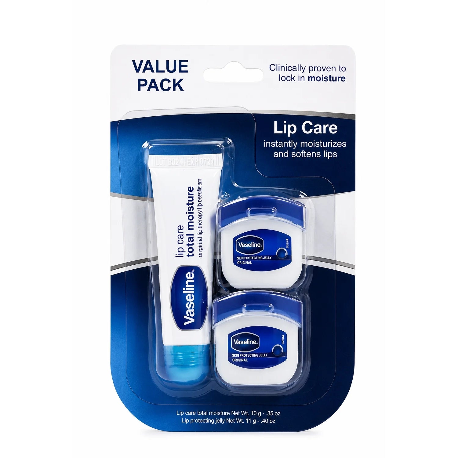 Vaseline Lip Care Value Pack – Total Moisture Lip Squeeze Tube (0.35 oz) & Original Lip Therapy Mini Jars (0.25 oz, 2 Pack)