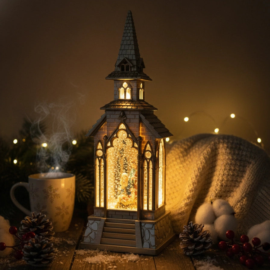 2pc/Box Lighted Church Snow Water Lanterns with Nativity Scene | Glitter Swirl LED Christmas Decor