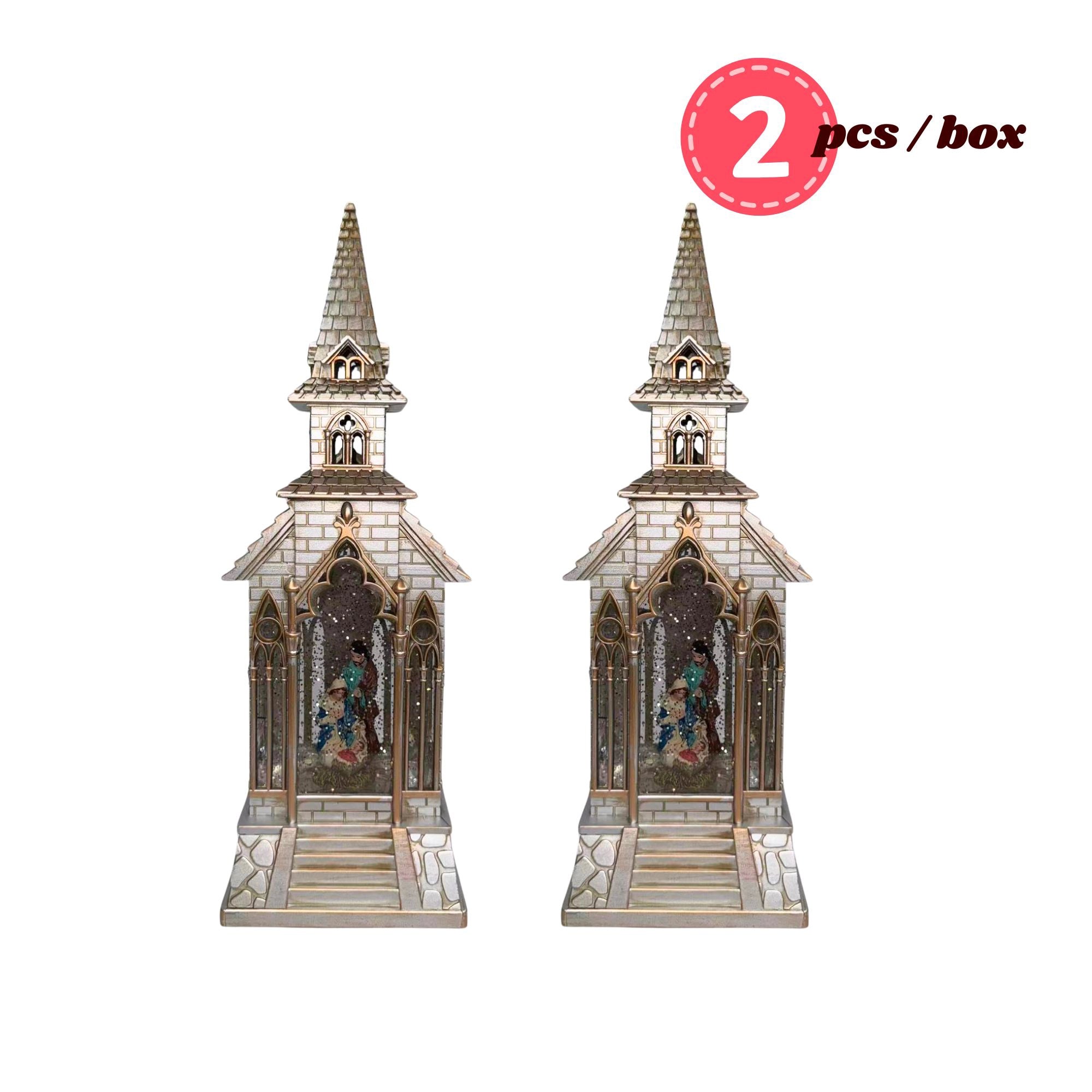 2pc/Box Lighted Church Snow Water Lanterns with Nativity Scene | Glitter Swirl LED Christmas Decor