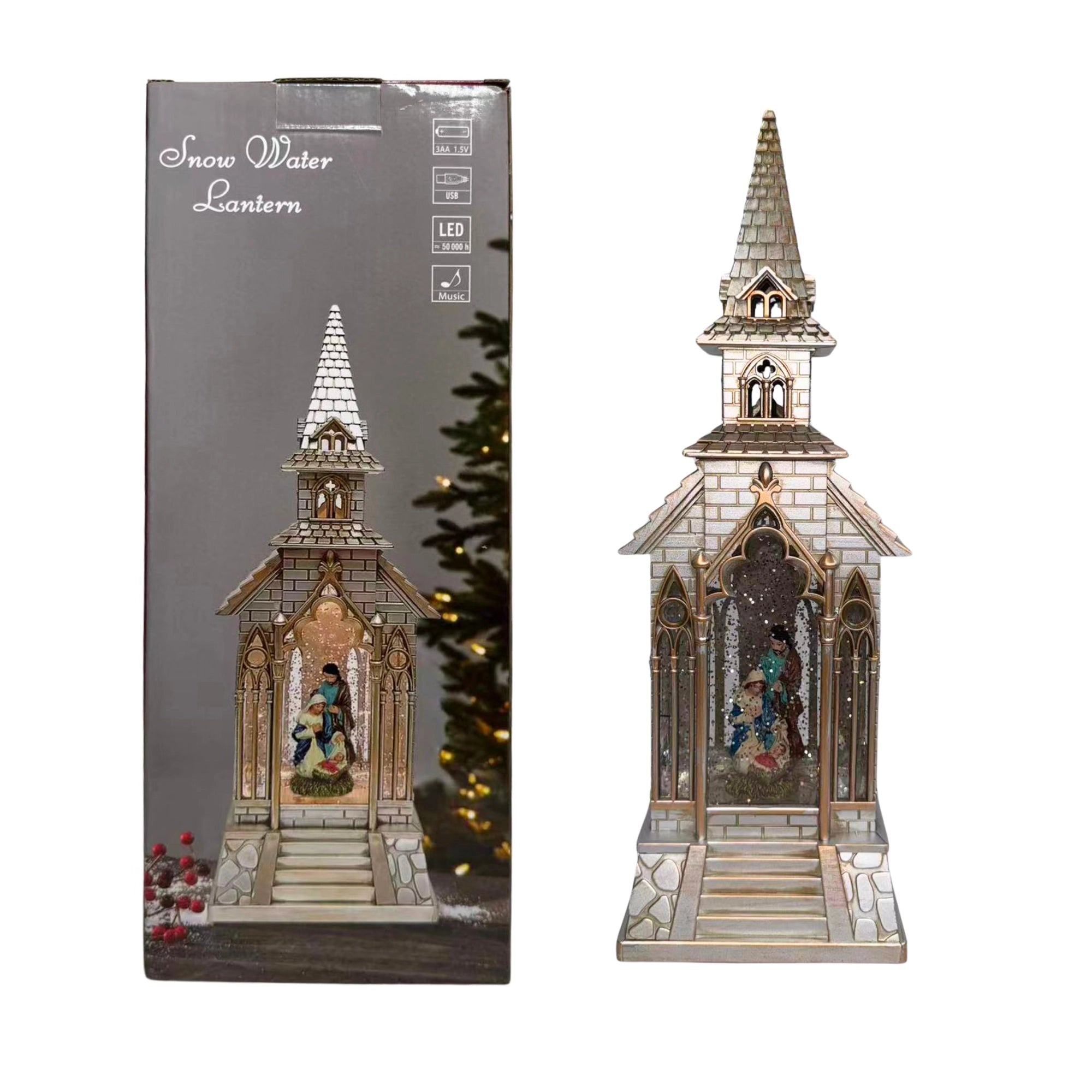 2pc/Box Lighted Church Snow Water Lanterns with Nativity Scene | Glitter Swirl LED Christmas Decor