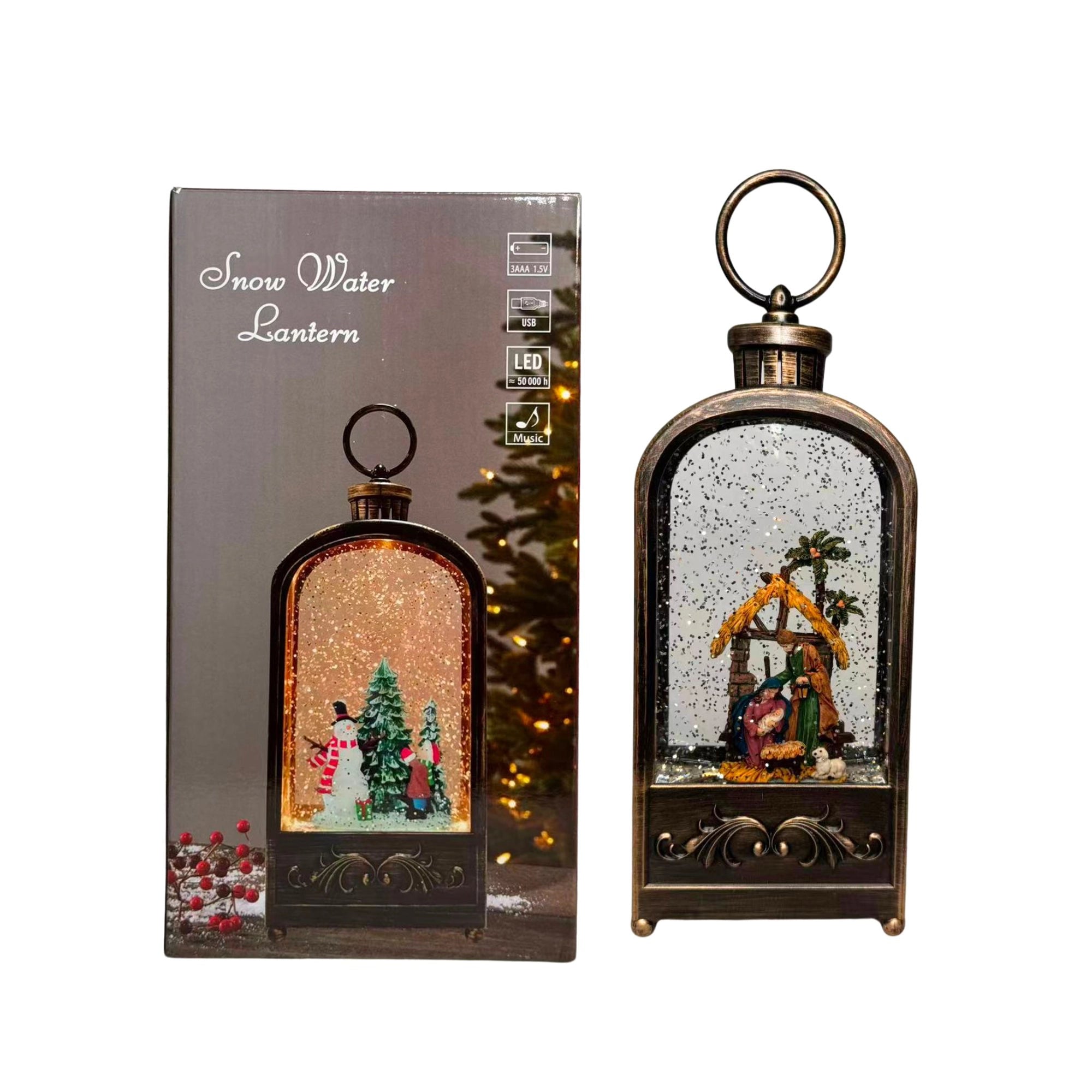 2pc/Box Bronze Lighted Water Lanterns with Nativity Scene | Hanging Snow Globe Christmas Decor