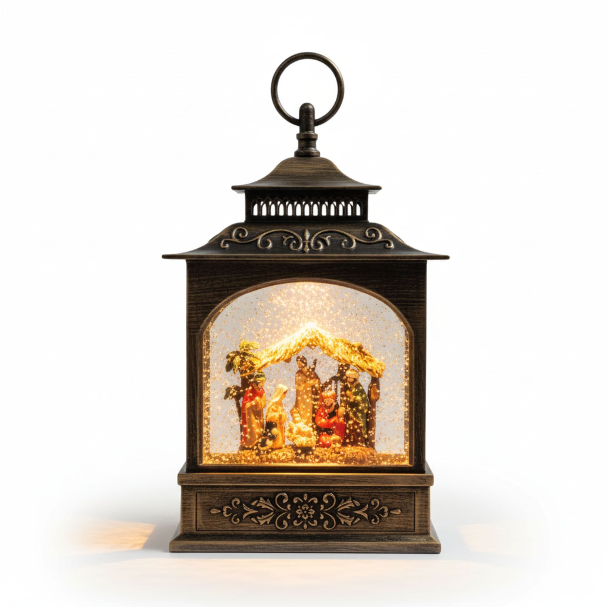 2pc/Box Nativity Scene Lighted Snow Globe Lantern | Vintage Bronze Christmas Decor