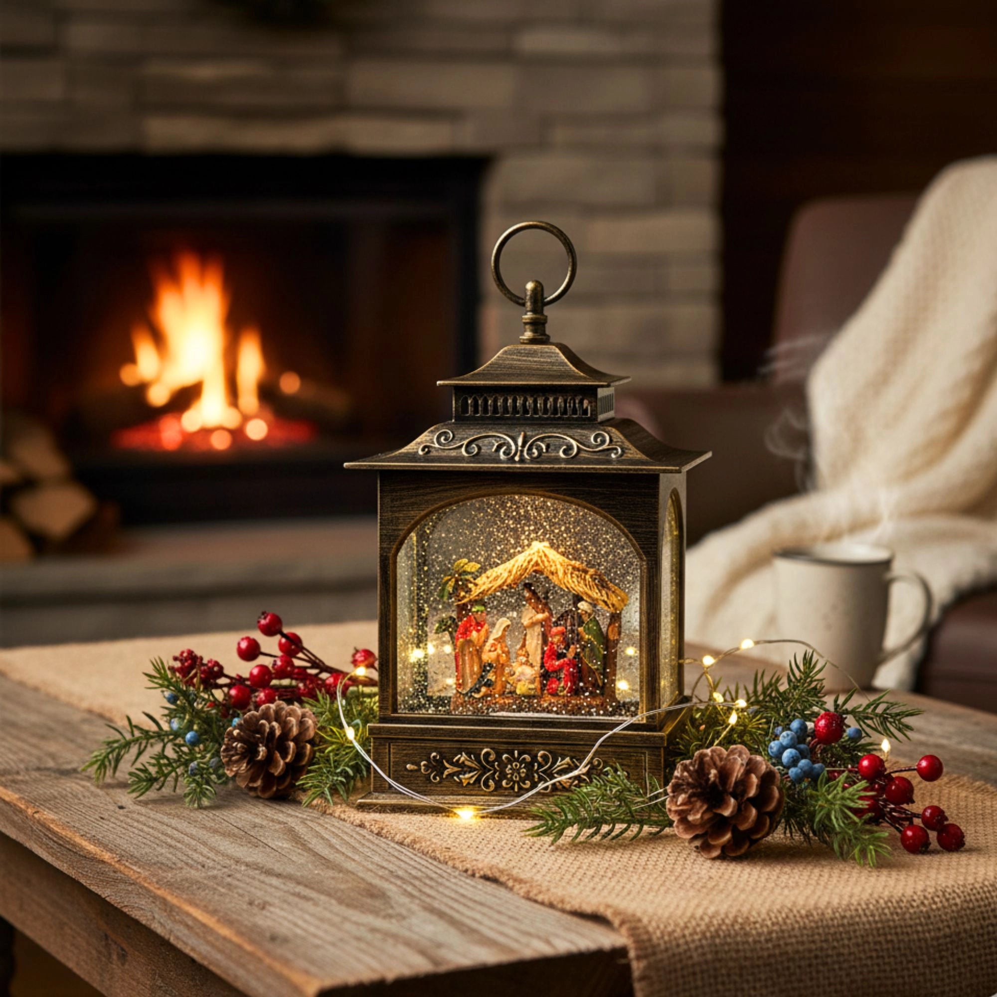 2pc/Box Nativity Scene Lighted Snow Globe Lantern | Vintage Bronze Christmas Decor