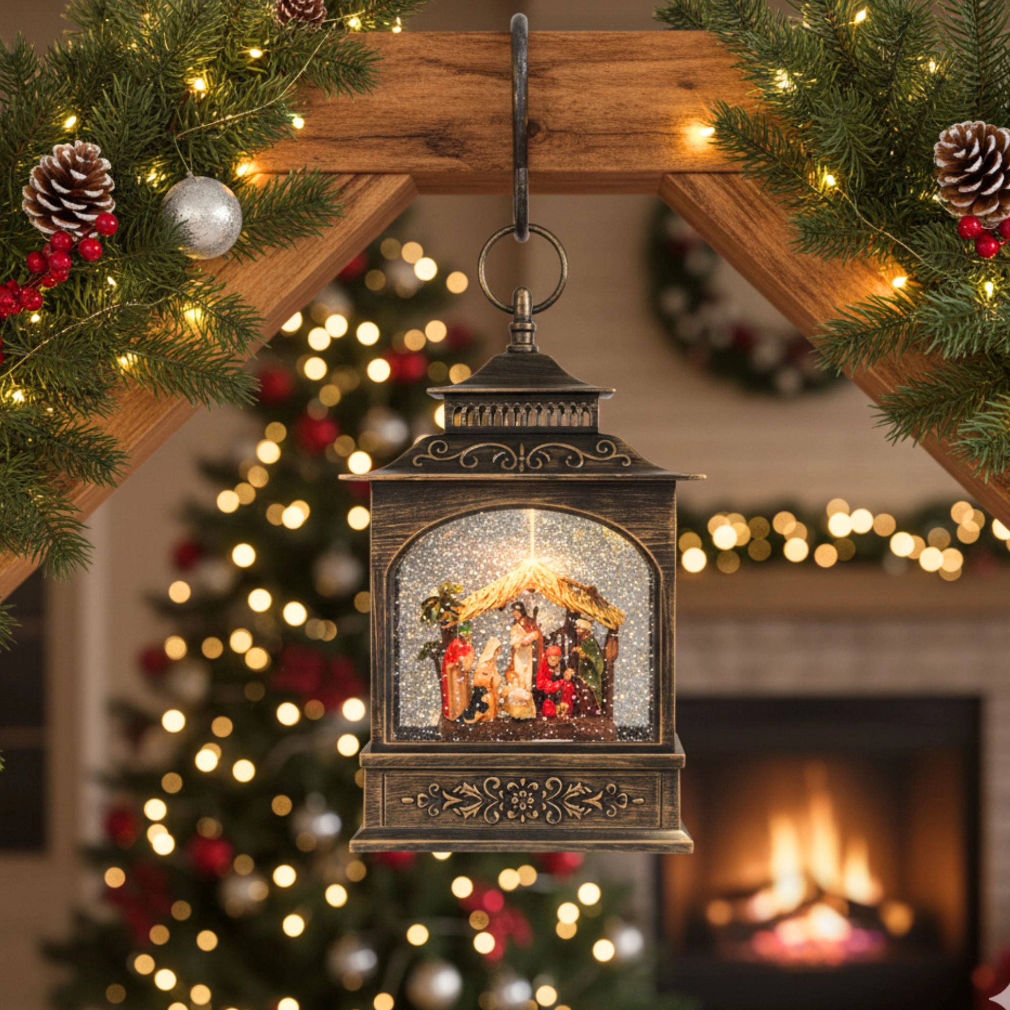 2pc/Box Nativity Scene Lighted Snow Globe Lantern | Vintage Bronze Christmas Decor