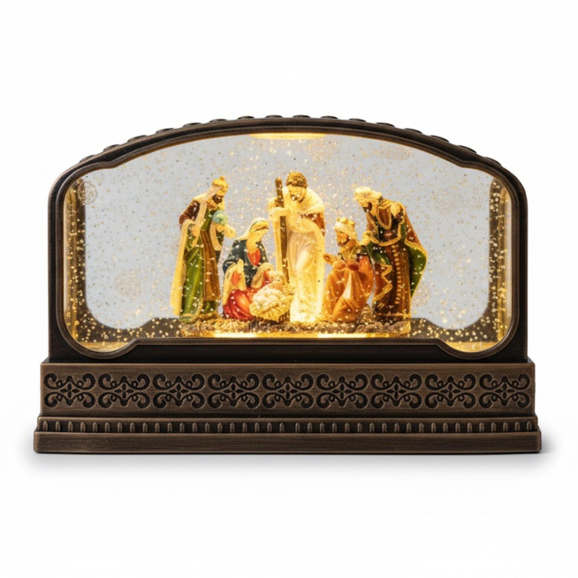 2pc/Box Elegant 11-Inch Wide Horizontal Nativity Snow Water Lantern | LED Lighted Glitter Swirl Christmas Decor