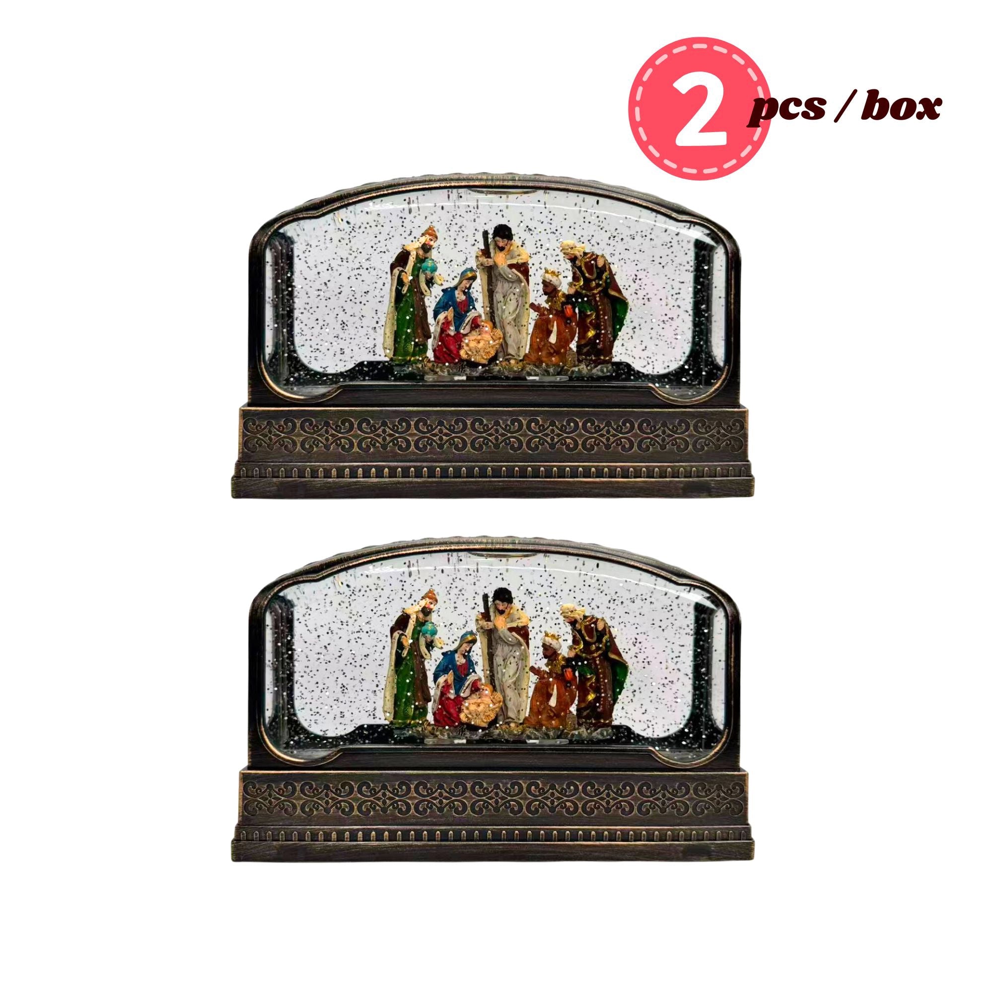 2pc/Box Elegant 11-Inch Wide Horizontal Nativity Snow Water Lantern | LED Lighted Glitter Swirl Christmas Decor