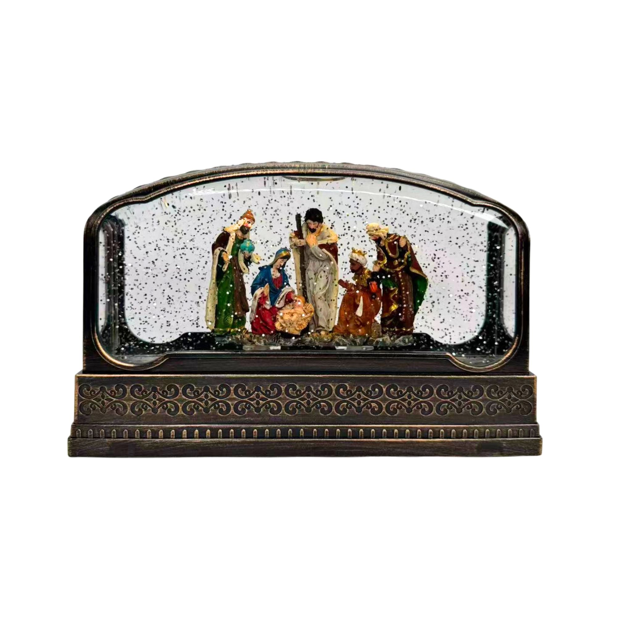 2pc/Box Elegant 11-Inch Wide Horizontal Nativity Snow Water Lantern | LED Lighted Glitter Swirl Christmas Decor