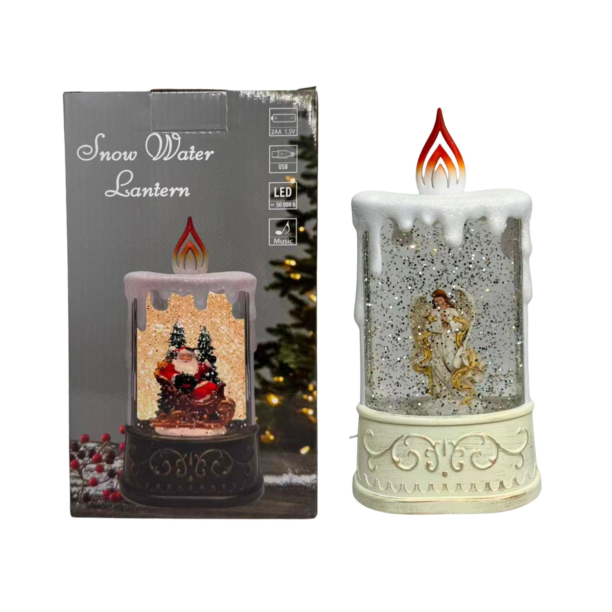 2pc/Box Unique Candle-Shaped LED Snow Water Lantern - Angel Scene