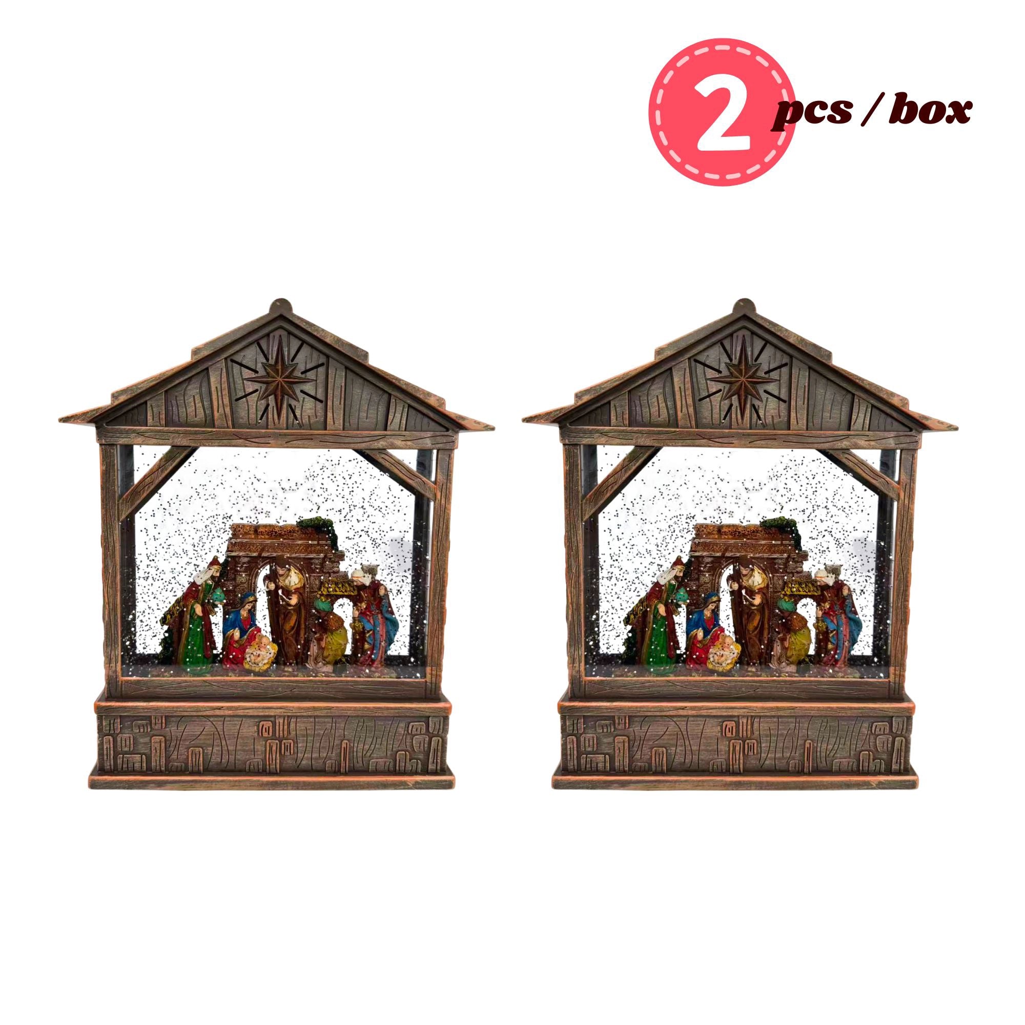 2pc/Box Vintage Nativity Swirling Glitter Water Lantern | LED Christmas Decor
