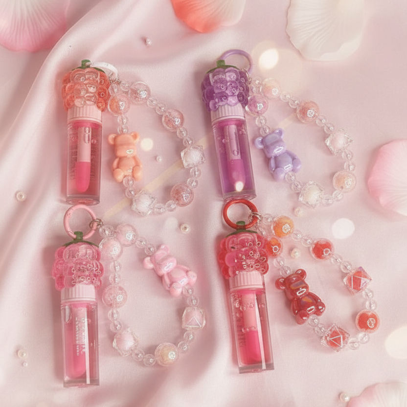 Magic Your Life 12-Piece Kids Lip Gloss Set with Beaded Keychain Straps – Cute Strawberry & Grape Fruit-Shaped Lip Gloss (LC1097)