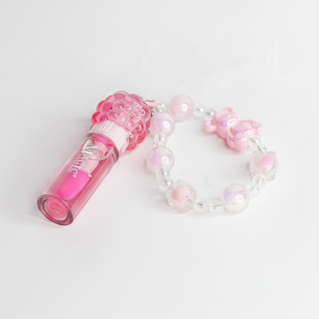 Magic Your Life 12-Piece Kids Lip Gloss Set with Beaded Keychain Straps – Cute Strawberry & Grape Fruit-Shaped Lip Gloss (LC1097)
