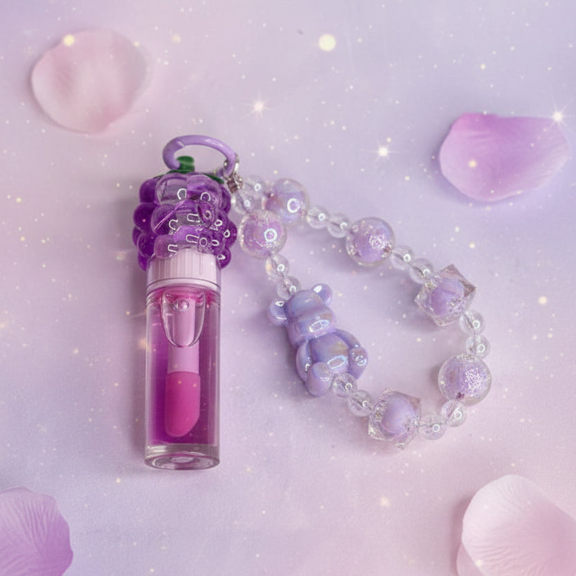 Magic Your Life 12-Piece Kids Lip Gloss Set with Beaded Keychain Straps – Cute Strawberry & Grape Fruit-Shaped Lip Gloss (LC1097)