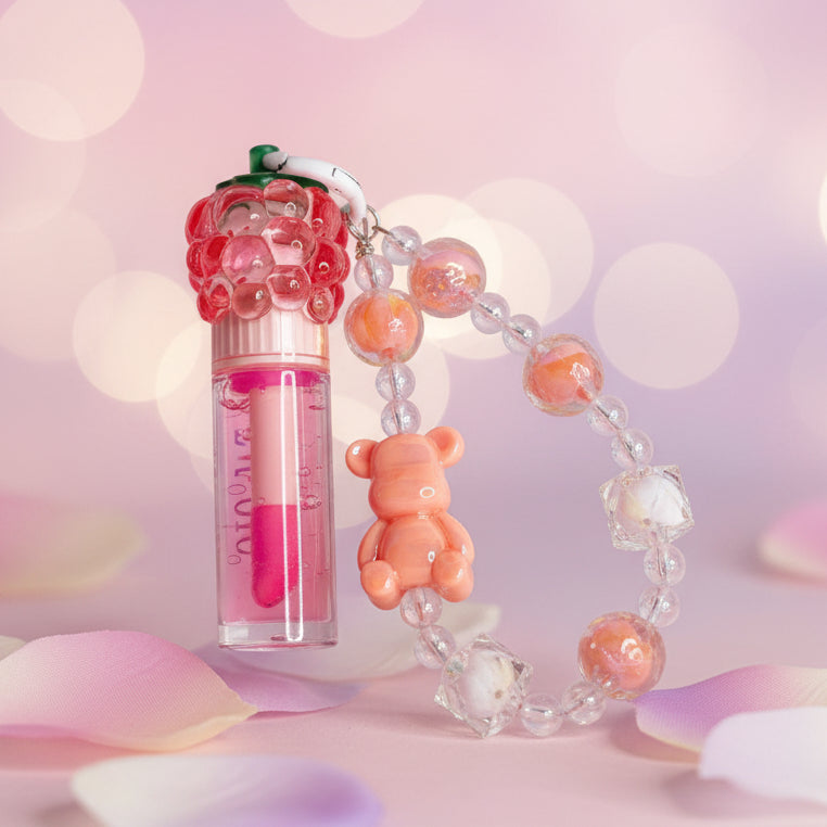 Magic Your Life 12-Piece Kids Lip Gloss Set with Beaded Keychain Straps – Cute Strawberry & Grape Fruit-Shaped Lip Gloss (LC1097)