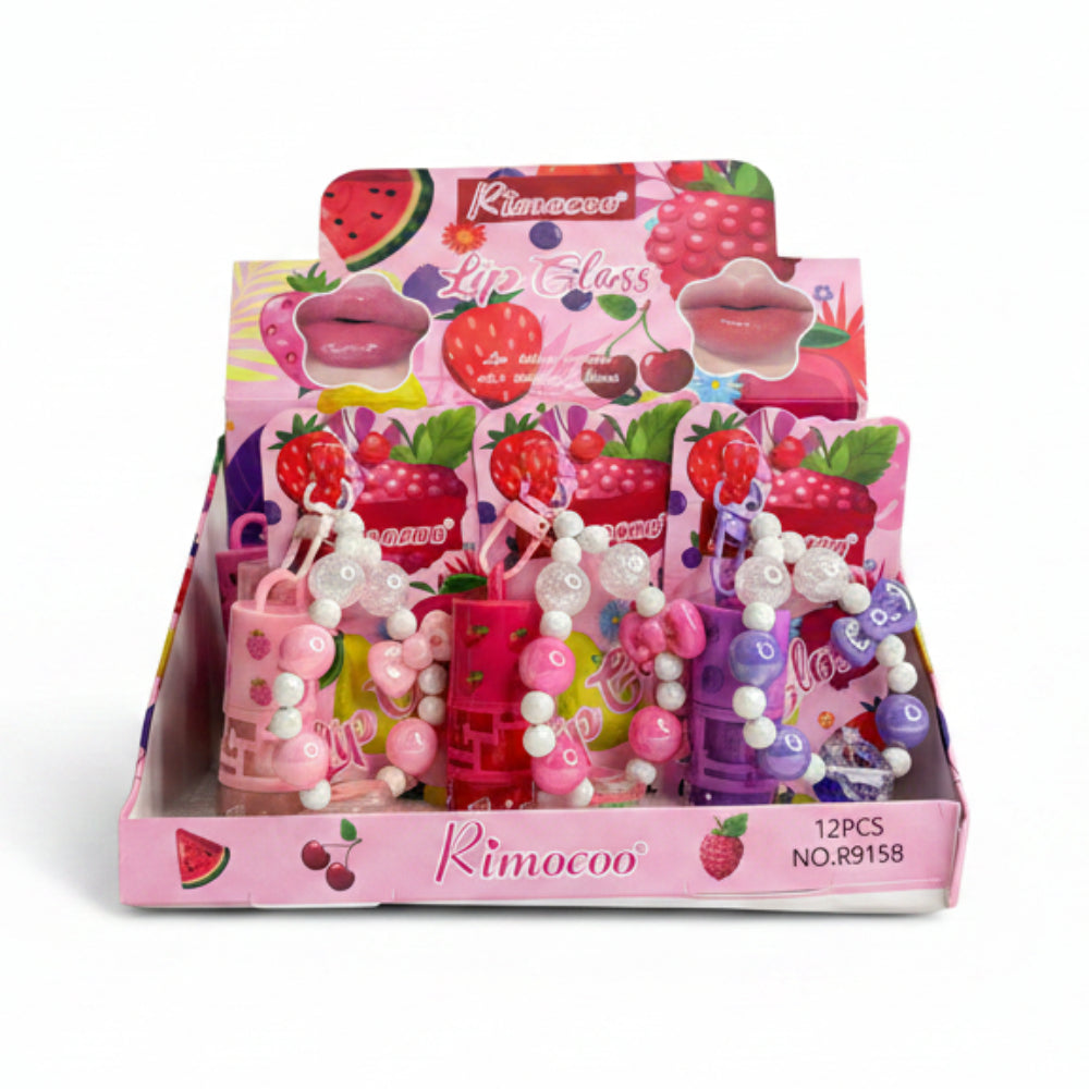 Rimocoo 12-Piece Kids Fruit Lip Gloss Set with Beaded Keychain Braces | Fruity Lip Gloss Party Favors for Girls (R9158)