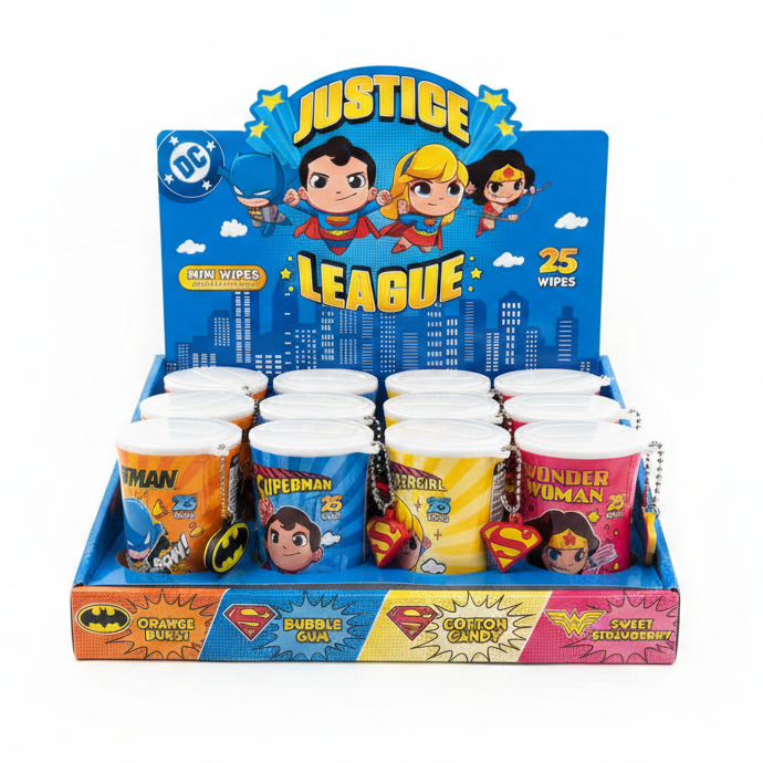 Justice League Mini Wet Wipes Canister Keychain Set - 25 Count Scented Travel Wipes (12-Pack Display)