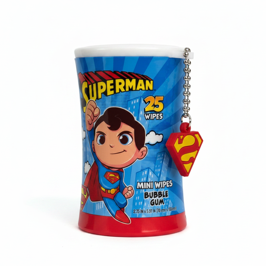 Justice League Mini Wet Wipes Canister Keychain Set - 25 Count Scented Travel Wipes (12-Pack Display)