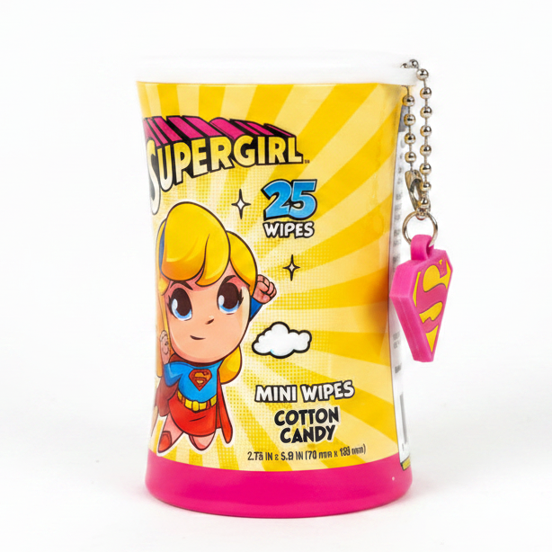 Justice League Mini Wet Wipes Canister Keychain Set - 25 Count Scented Travel Wipes (12-Pack Display)