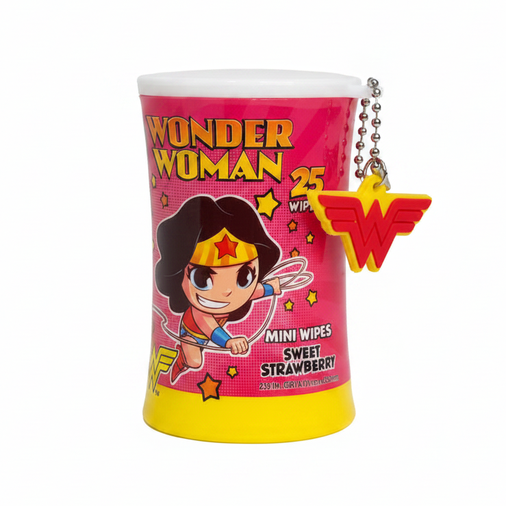 Justice League Mini Wet Wipes Canister Keychain Set - 25 Count Scented Travel Wipes (12-Pack Display)