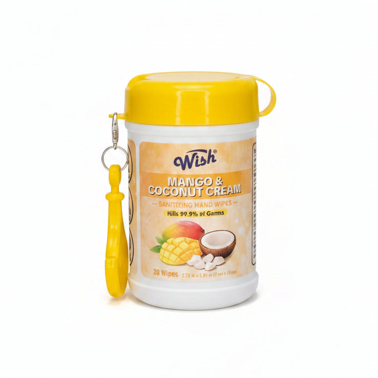 Wish Scented Sanitizing Hand Wipes Mini Canister with Bag Clip (20 Count, 24-Piece Display Case)