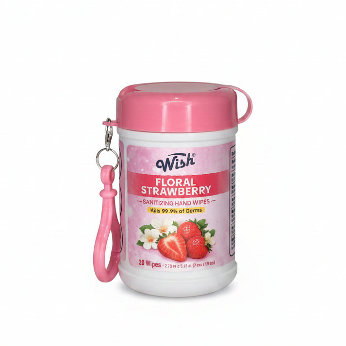 Wish Scented Sanitizing Hand Wipes Mini Canister with Bag Clip (20 Count, 24-Piece Display Case)