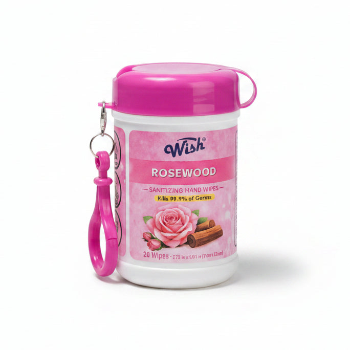 Wish Scented Sanitizing Hand Wipes Mini Canister with Bag Clip (20 Count, 24-Piece Display Case)