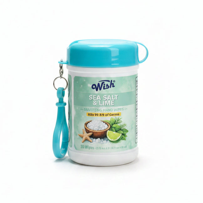 Wish Scented Sanitizing Hand Wipes Mini Canister with Bag Clip (20 Count, 24-Piece Display Case)