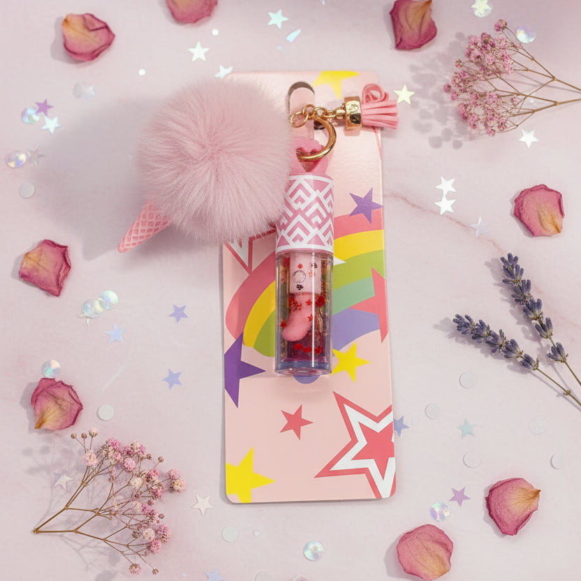 Lip Gloss Keychain – 24-Piece Display Box with Pastel  Pink Fur Pom Pom, Tassel Charm (X001)