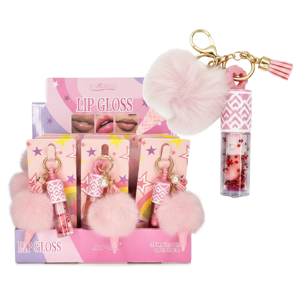 Lip Gloss Keychain – 24-Piece Display Box with Pastel  Pink Fur Pom Pom, Tassel Charm (X001)