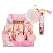 Lip Gloss Keychain – 24-Piece Display Box with Pastel  Pink Fur Pom Pom, Tassel Charm (X001)