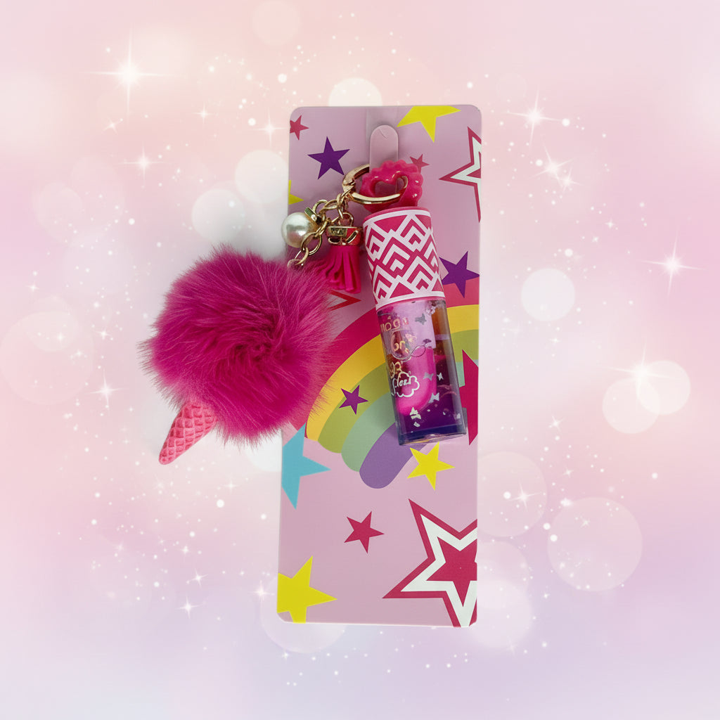 X-Rabbit Lip Gloss Keychain Bulk Set – 24-Piece Display Box with Pink Fur Pom Pom, Tassel Charm (X5158)