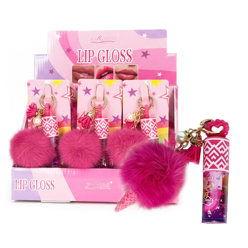 X-Rabbit Lip Gloss Keychain Bulk Set – 24-Piece Display Box with Pink Fur Pom Pom, Tassel Charm (X5158)
