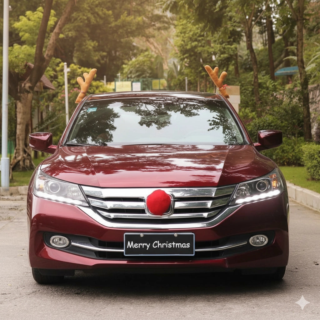 Christmas Car Light Brown Reindeer Antler Decoration Set – 3-Piece Holiday Car Accessory | 11" x 16"
