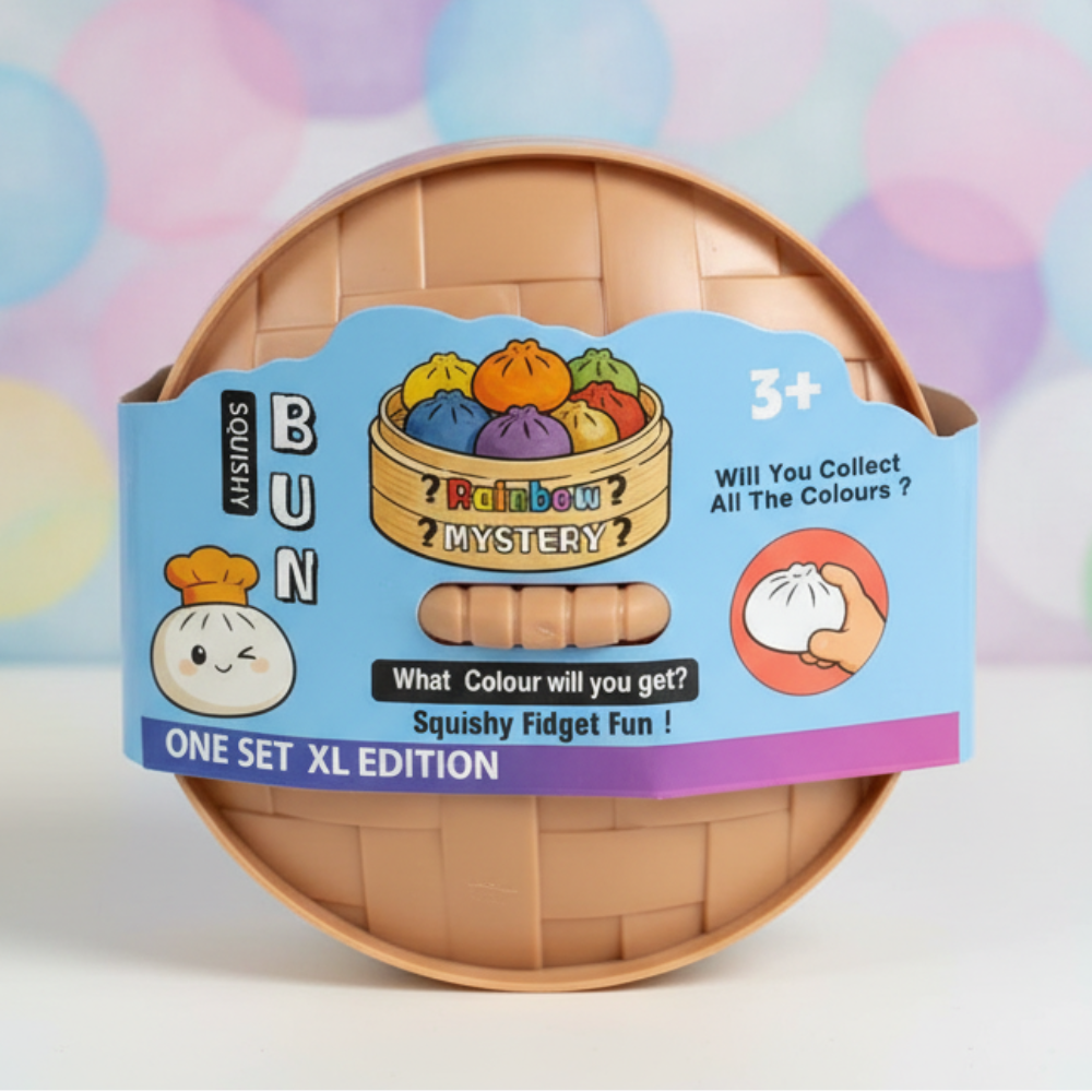 Jumbo Rainbow Mystery Squishy Bun Fidget Toy Set | Steamer Basket Sensory Toy for Kids & Adults | Stress Relief Dumpling Squeeze Toy