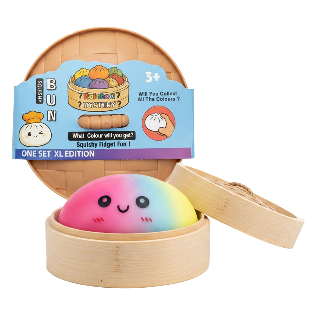 Jumbo Rainbow Mystery Squishy Bun Fidget Toy Set | Steamer Basket Sensory Toy for Kids & Adults | Stress Relief Dumpling Squeeze Toy