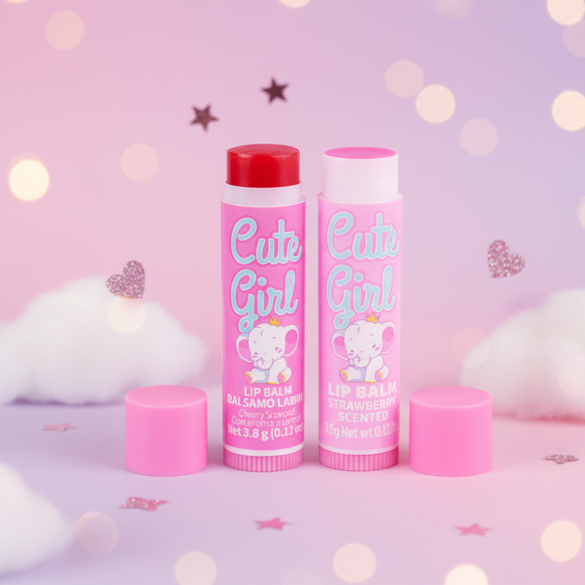 Cute Elephant Kids’ Lip Balm Set – 2-Pack Vegan & Cherry/Strawberry Scented (XP323)