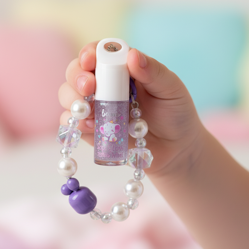 Kids' Charm Bracelet Lip Gloss Set – Sparkly Elephant Lip Glaze with Beaded Keychain (XP337)